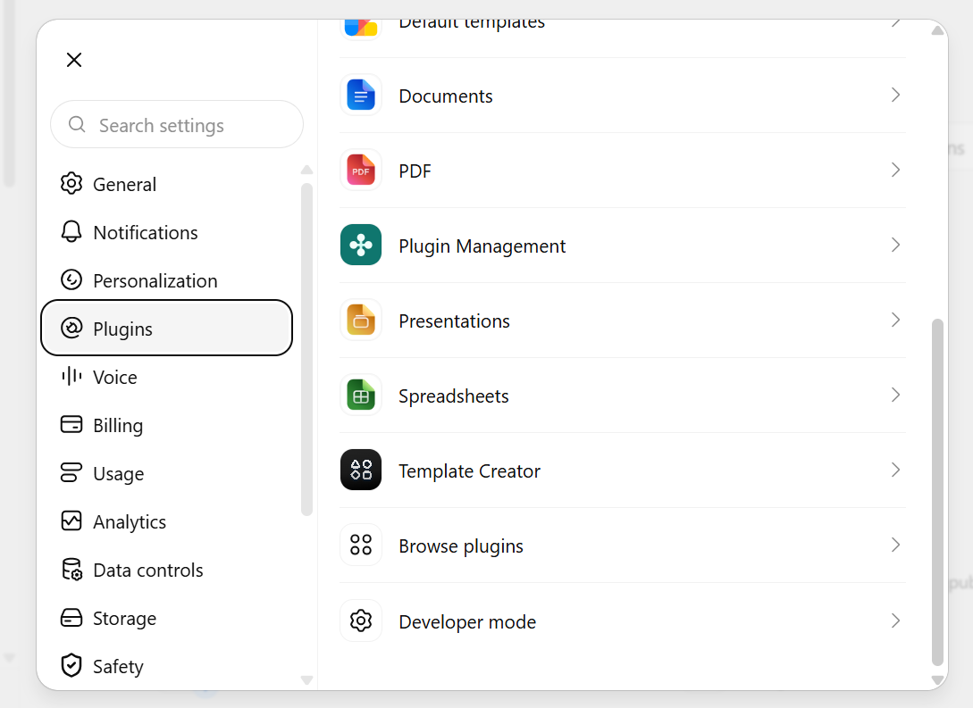 ChatGPT's settings list, with Plugins highlighted and Developer mode listed below it
