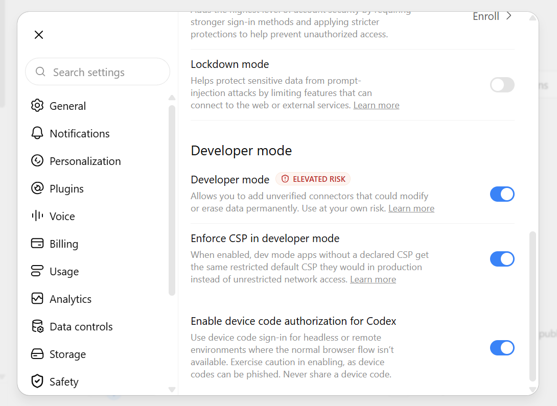 ChatGPT's Developer mode toggle, switched on, with an elevated-risk label