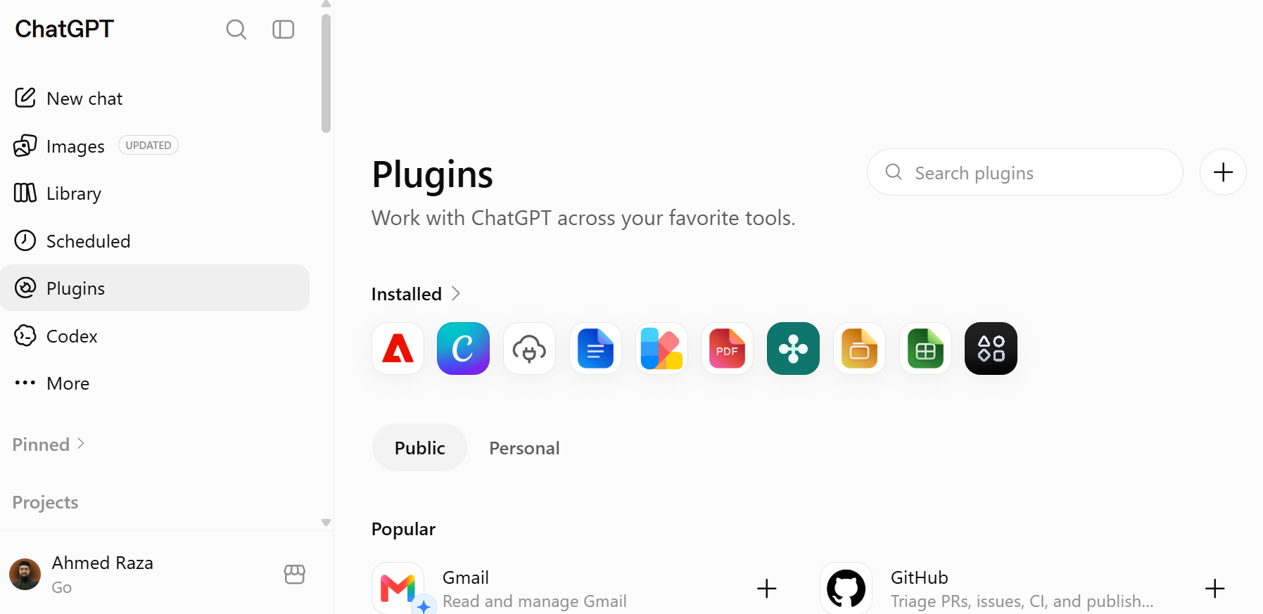 ChatGPT's Plugins page, listing installed plugins with a + button to add one