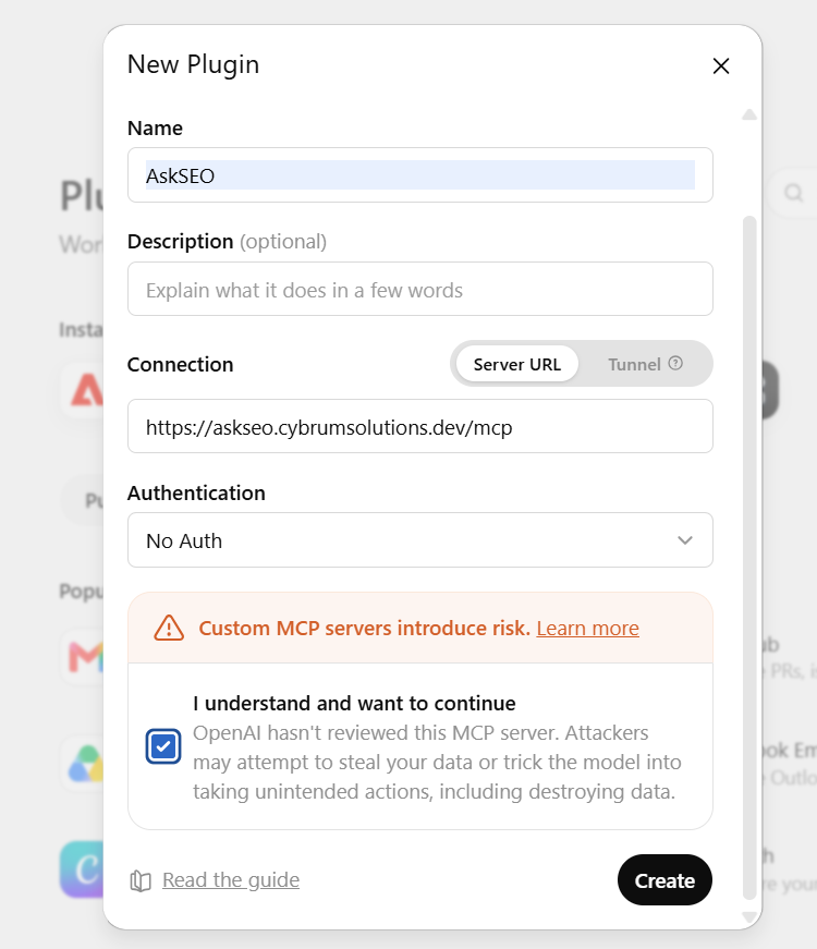 ChatGPT's New Plugin dialog, filled in with AskSEO's name, server URL, and No Auth authentication