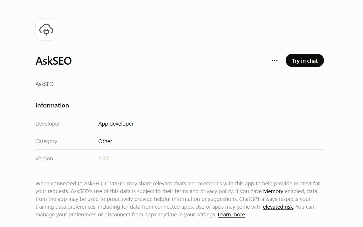 AskSEO's created plugin page in ChatGPT, with a "Try in chat" button