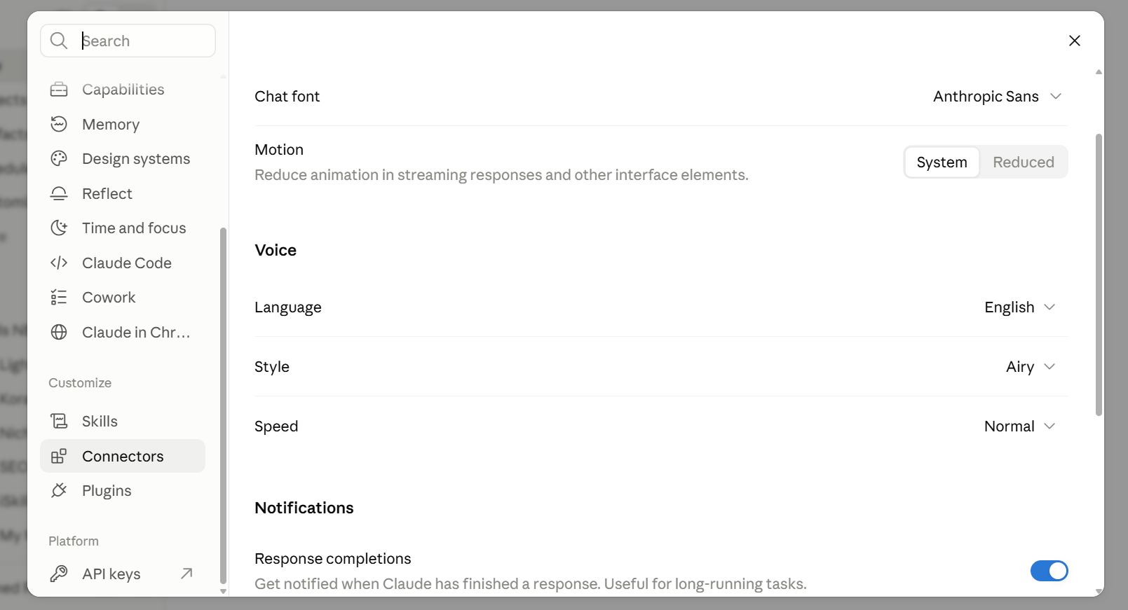 Claude's settings sidebar, with Connectors selected under Customize