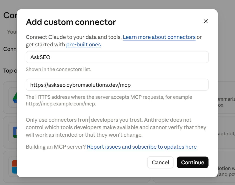 Claude's Add custom connector dialog, filled in with AskSEO's name and MCP server URL