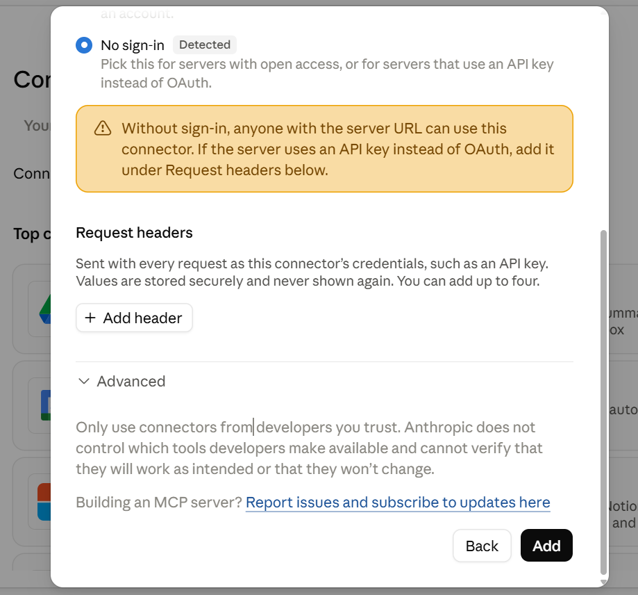 Claude's connector authentication screen, with "No sign-in" selected and a warning about open access