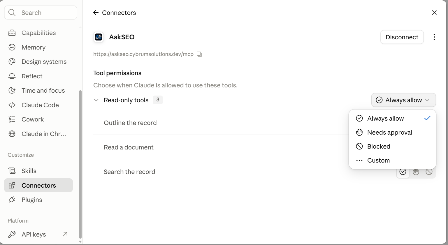 AskSEO connected in Claude, showing its three read-only tools and an "Always allow" permission dropdown